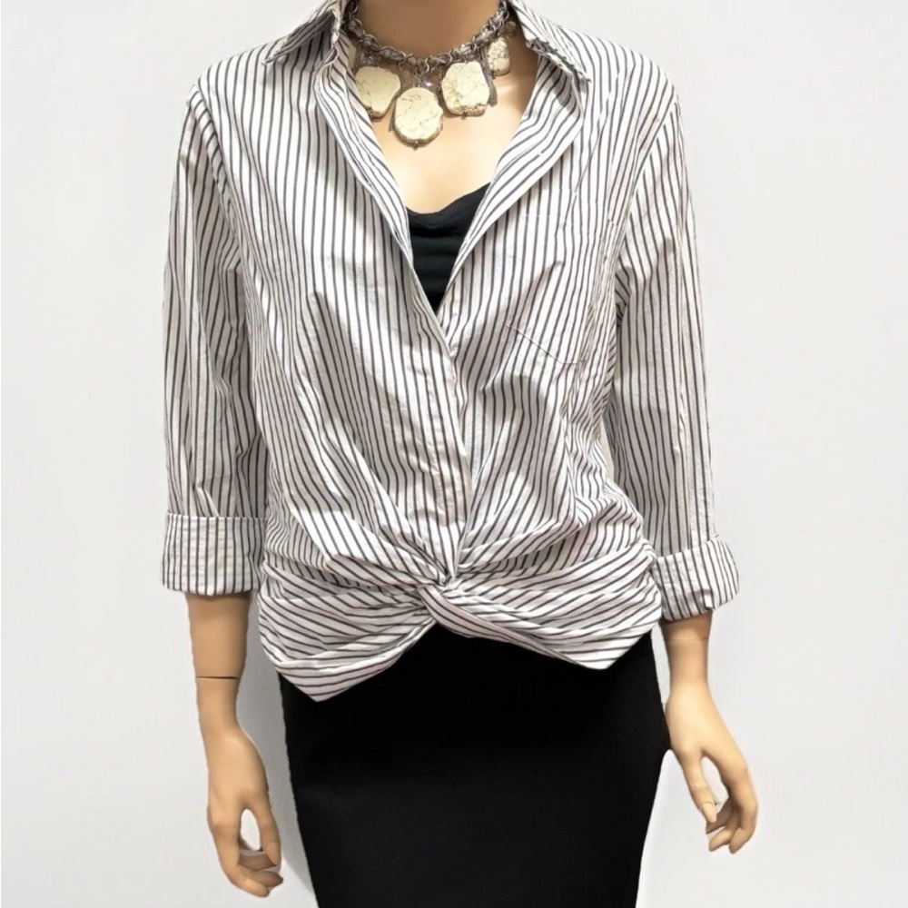Max Studio Blk & White Striped Button Down Blouse w/ Twist Hem Detail Size L